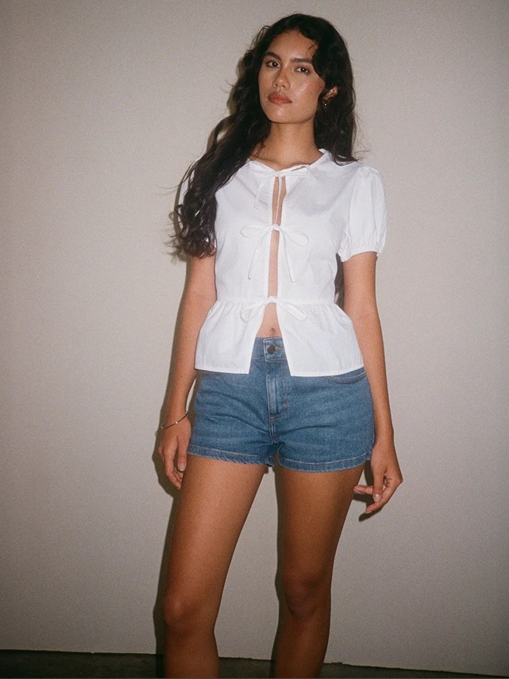 Ryota Tie Front Blouse in White with White Binding from Motel Rocks
